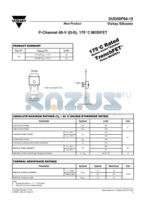 SUD50P04-15 datasheet - P-Channel 40-V (D-S), 175C MOSFET