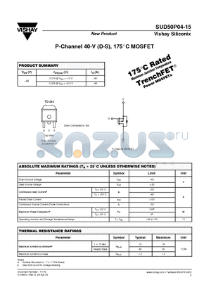 SUD50P04-15 datasheet - P-Channel 40-V (D-S), 175C MOSFET