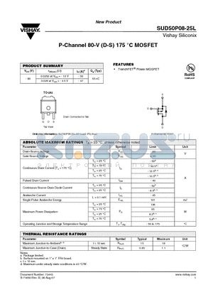 SUD50P08-25L-E3 datasheet - P-Channel 80-V (D-S) 175 `C MOSFET