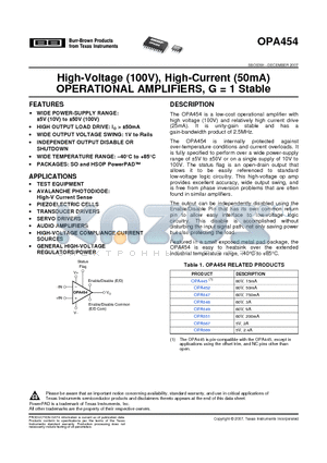 OPA454 datasheet - High-Voltage (100V), High-Current (50mA) OPERATIONAL AMPLIFIERS, G = 1 Stable