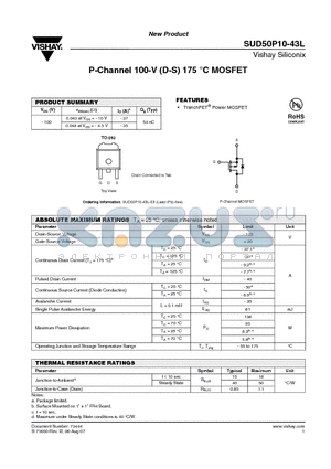 SUD50P10-43L datasheet - P-Channel 100-V (D-S) 175 `C MOSFET