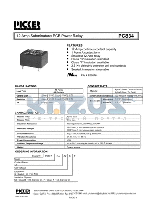 PC834 datasheet - 12 Amp Subminature PCB Power Relay