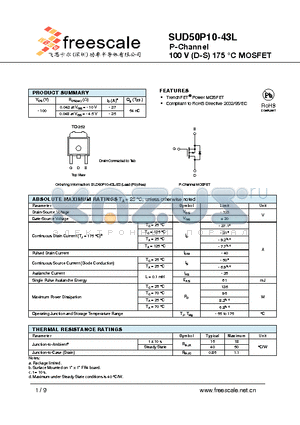 SUD50P10-43L datasheet - P-Channel 100 V (D-S) 175 `C MOSFET