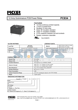 PC8341A-12C datasheet - 12 Amp Subminature PCB Power Relay