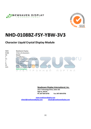 NHD-0108BZ-FSY-YBW-3V3 datasheet - Character Liquid Crystal Display Module