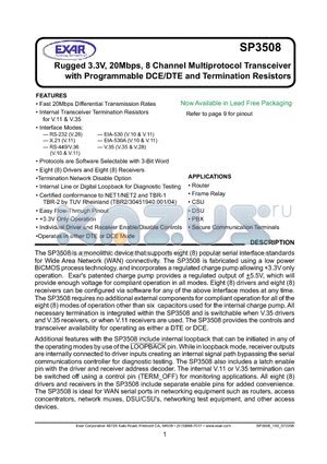 SP3508 datasheet - Rugged 3.3V, 20Mbps, 8 Channel Multiprotocol Transceiver with Programmable DCE/DTE and Termination Resistors