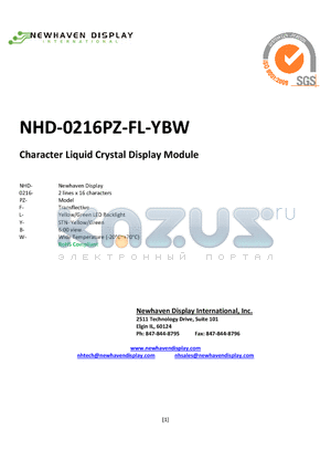 NHD-0216PZ-FL-YBW datasheet - Character Liquid Crystal Display Module
