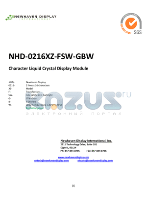 NHD-0216XZ-FSW-GBW datasheet - Character Liquid Crystal Display Module