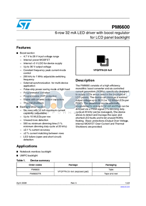 PM6600TR datasheet - 6-row 32 mA LED driver with boost regulator for LCD panel backlight