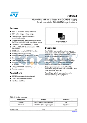 PM6641 datasheet - Monolithic VR for chipset and DDR2/3 supply for ultra-mobile PC (UMPC) applications