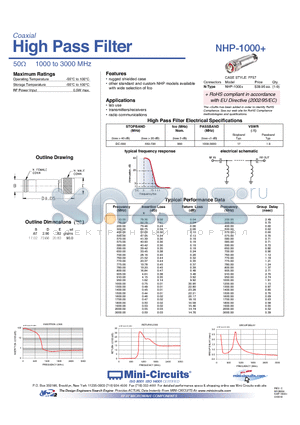 NHP-1000+ datasheet - High Pass Filter 50Y 1000 to 3000 MHz