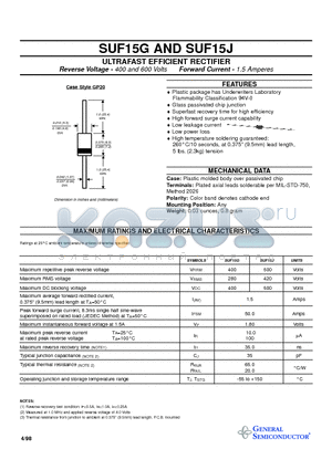 SUF15J datasheet - ULTRAFAST EFFICIENT RECTIFIER