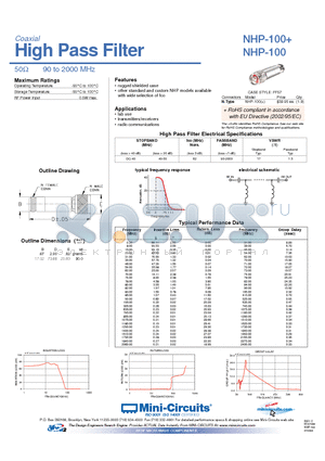 NHP-100 datasheet - High Pass Filter 50Y 90 to 2000 MHz
