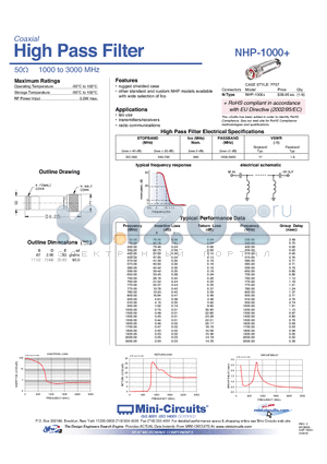 NHP-1000 datasheet - High Pass Filter 50Y 1000 to 3000 MHz
