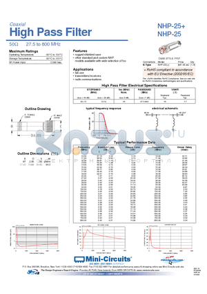 NHP-25+ datasheet - High Pass Filter 50Y 27.5 to 800 MHz