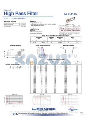 NHP-250 datasheet - High Pass Filter 50Y 225 to 3000 MHz