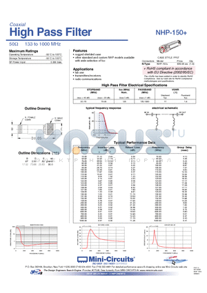 NHP-150+ datasheet - High Pass Filter 50Y 133 to 1000 MHz