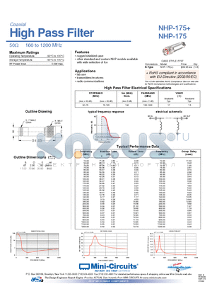 NHP-175+ datasheet - High Pass Filter 50Y 160 to 1200 MHz