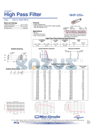 NHP-250+ datasheet - High Pass Filter 50Y 225 to 3000 MHz