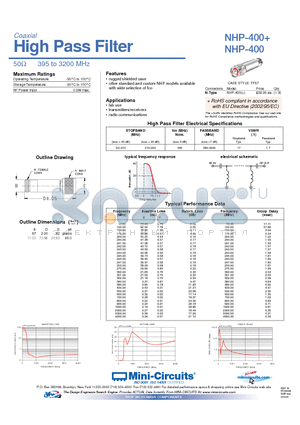 NHP-400 datasheet - High Pass Filter 50Y 395 to 3200 MHz