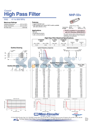 NHP-50 datasheet - High Pass Filter 50Y 41 to 800 MHz