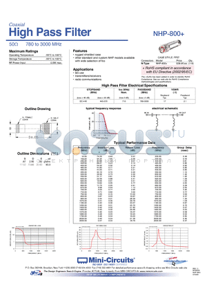 NHP-800+ datasheet - High Pass Filter 50Y 780 to 3000 MHz