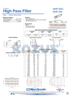 NHP-500 datasheet - High Pass Filter 50Y 500 to 3200 MHz