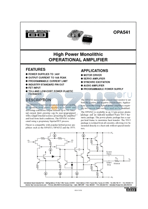 OPA541 datasheet - High Power Monolithic OPERATIONAL AMPLIFIER
