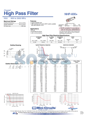 NHP-600 datasheet - High Pass Filter 50Y 600 to 3000 MHz