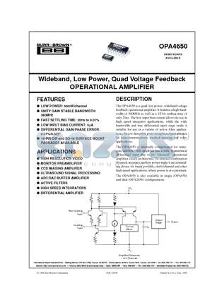 OPA4650P datasheet - Wideband, Low Power, Quad Voltage Feedback OPERATIONAL AMPLIFIER
