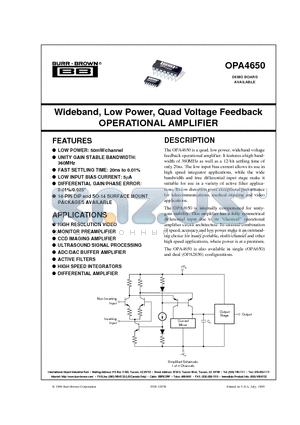 OPA4650U datasheet - Wideband, Low Power, Quad Voltage Feedback OPERATIONAL AMPLIFIER