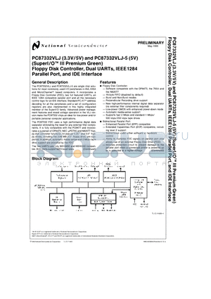 PC87332 datasheet - PC87332VLJ (3.3V/5V) and PC87332VLJ-5 (5V) (SuperI/OTM III Premium Green) Floppy Disk Controller, Dual UARTs, IEEE1284 Parallel Port, and IDE Interfac