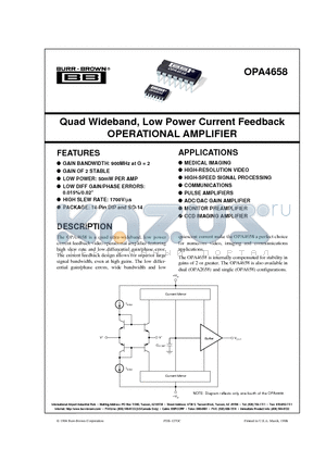 OPA4658 datasheet - Quad Wideband, Low Power Current Feedback OPERATIONAL AMPLIFIER