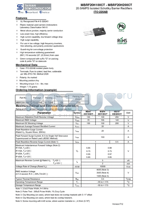 MBRF20H100CT datasheet - 20.0AMPS Isolated Schottky Barrier Rectifiers