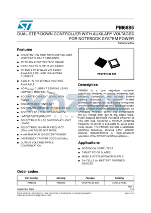 PM6685 datasheet - DUAL STEP-DOWN CONTROLLER WITH AUXILARY VOLTAGES FOR NOTEBOOK SYSTEM POWER