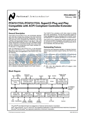 PC87317 datasheet - PC87317VUL/PC97317VUL SuperI/O Plug and Play Compatible with ACPI Compliant Controller/Extender