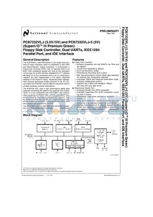 PC87332VLJ-5 datasheet - PC87332VLJ (3.3V/5V) and PC87332VLJ-5 (5V) (SuperI/OTM III Premium Green) Floppy Disk Controller, Dual UARTs, IEEE1284 Parallel Port, and IDE Interfac