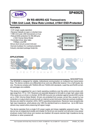 SP4082E datasheet - 5V RS-485/RS-422 Transceivers 1/8th Unit Load, Slew-Rate Limited, a15kV ESD-Protected
