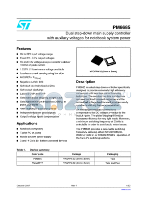 PM6685_07 datasheet - Dual step-down main supply controller with auxilary voltages for notebook system power