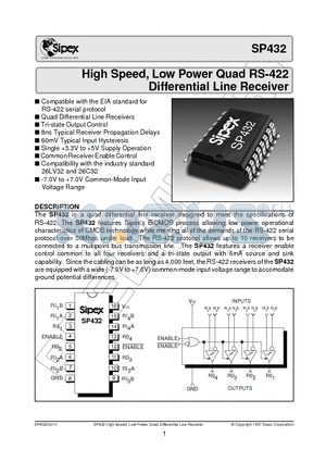 SP432 datasheet - High Speed, Low Power Quad RS-422 Differential Line Receiver