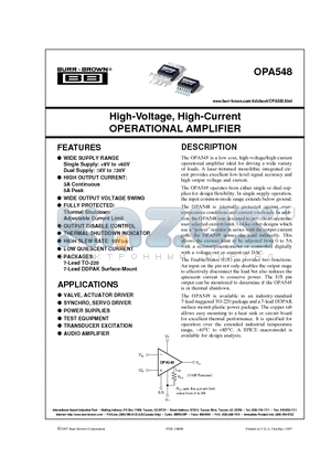 OPA548 datasheet - High-Voltage, High-Current OPERATIONAL AMPLIFIER
