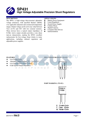 SP431BT92AG datasheet - High Voltage Adjustable Precision Shunt Regulators