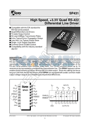 SP431CN datasheet - High Speed, 3.3V Quad RS-422 Differential Line Driver
