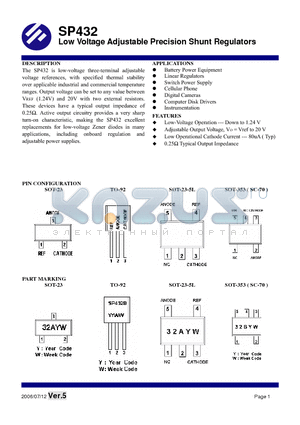 SP432 datasheet - Low Voltage Adjustable Precision Shunt Regulators