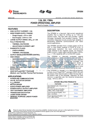 OPA564AIDWD datasheet - 1.5A, 24V, 17MHz POWER OPERATIONAL AMPLIFIER