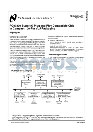 PC87309VLJ datasheet - PC87309 SuperI/O Plug and Play Compatible Chip in Compact 100-Pin VLJ Packaging