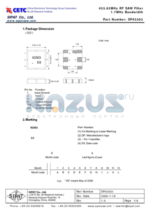 SP43303 datasheet - 433.92MHz RF SAW Filter 1.7MHz Bandwidth