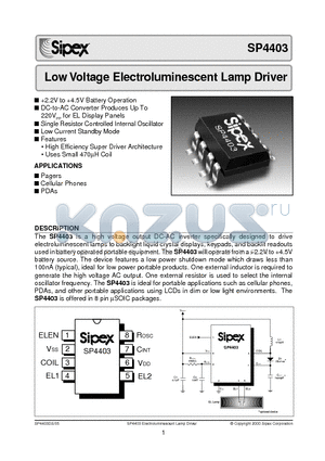 SP4403 datasheet - Low Voltage Electroluminescent Lamp Driver