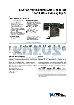 NI6110 datasheet - S Series Multifunction DAQ 12 or 16-Bit,1 to 10 MS/s, 4 Analog Inputs