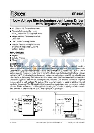 SP4405 datasheet - Low Voltage Electroluminescent Lamp Driver with Regulated Output Voltage